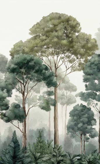 Papier peint forêt brumeuse et feuillage