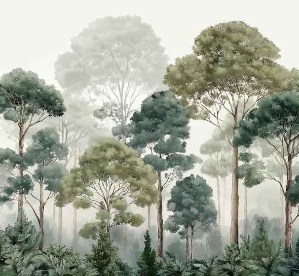 Papier peint forêt brumeuse et feuillage