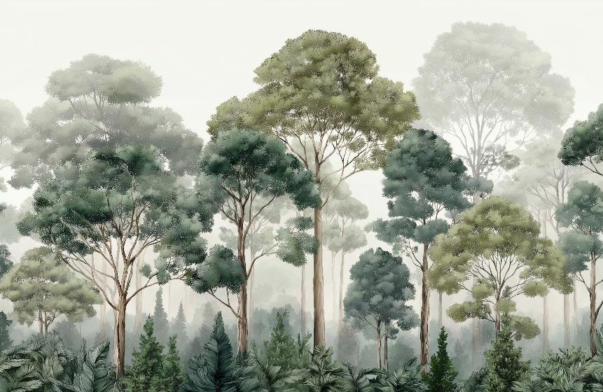 Papier peint forêt brumeuse et feuillage