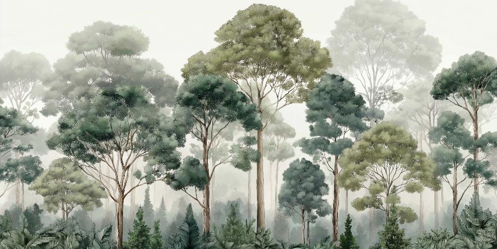 Papier peint forêt brumeuse et feuillage