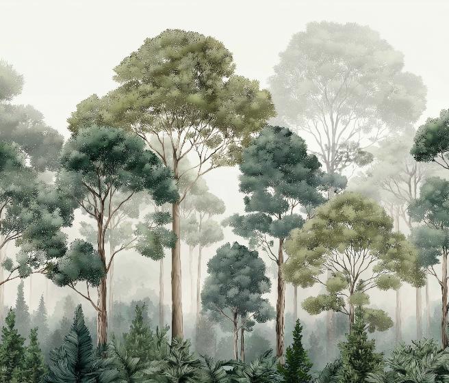 Papier peint forêt brumeuse et feuillage