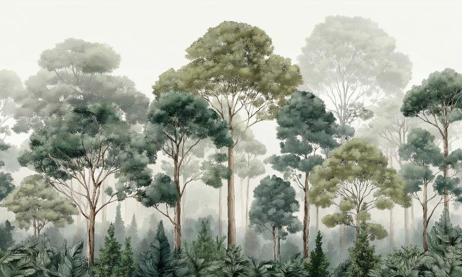 Papier peint forêt brumeuse et feuillage