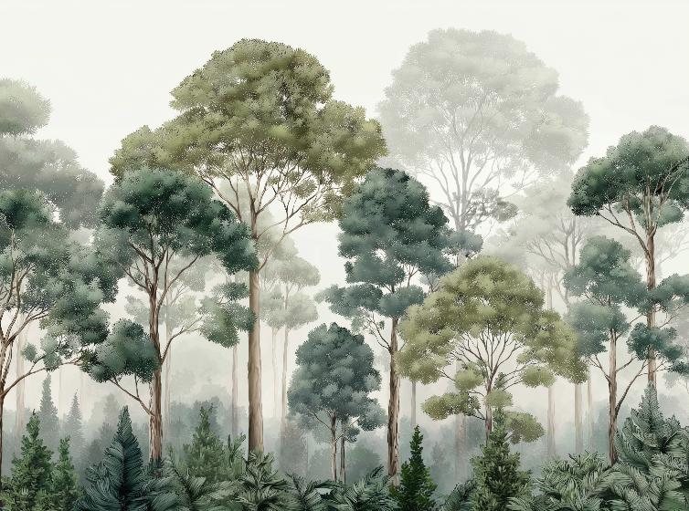 Papier peint forêt brumeuse et feuillage