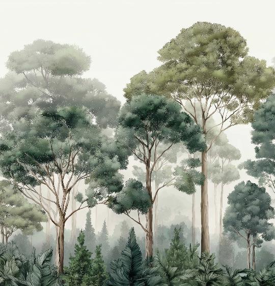 Papier peint forêt brumeuse et feuillage