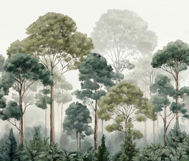 Papier peint forêt brumeuse et feuillage