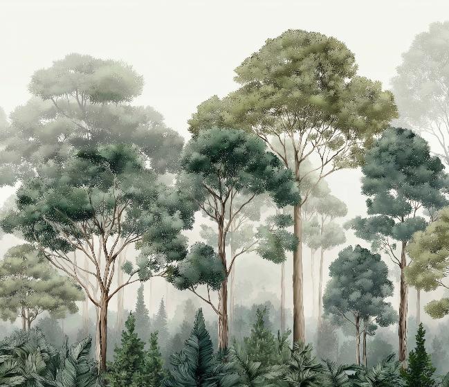 Papier peint forêt brumeuse et feuillage