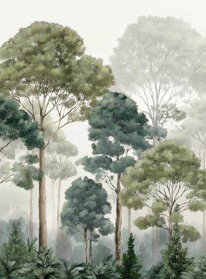 Papier peint forêt brumeuse et feuillage