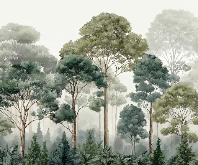 Papier peint forêt brumeuse et feuillage