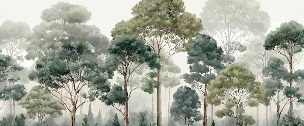 Papier peint forêt brumeuse et feuillage