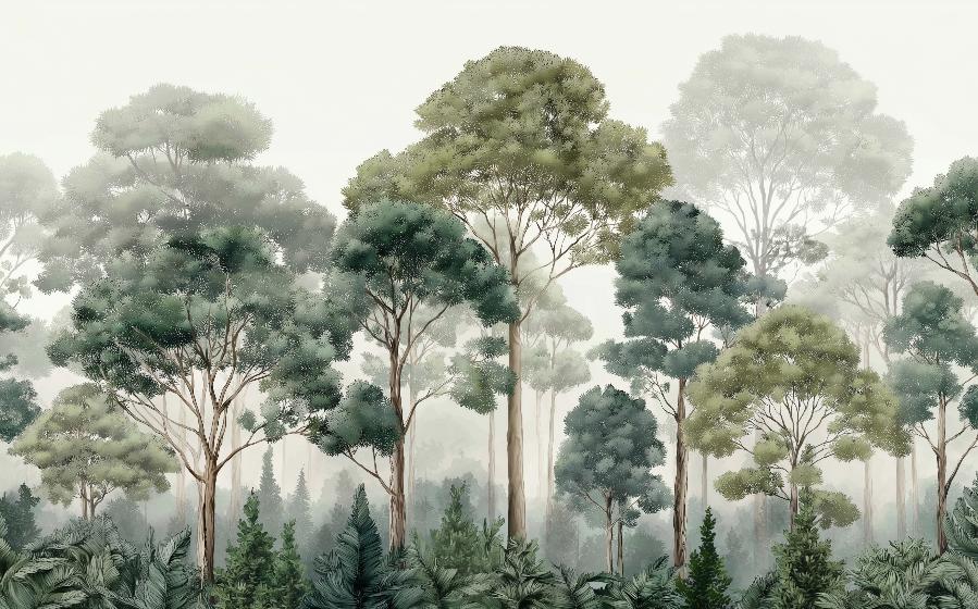 Papier peint forêt brumeuse et feuillage
