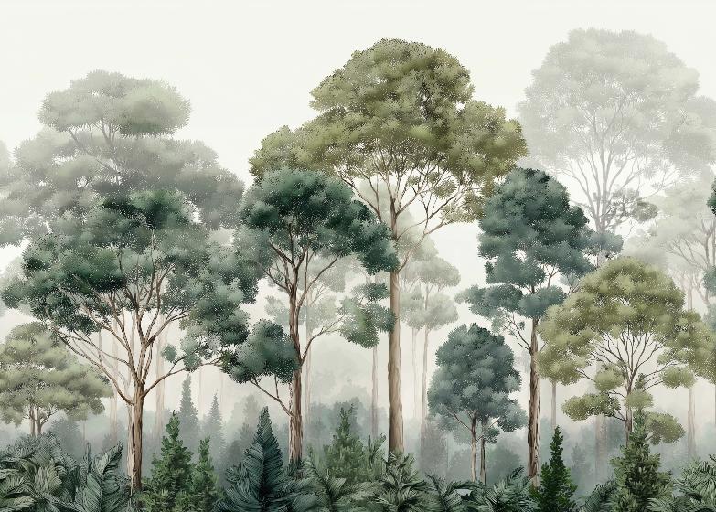 Papier peint forêt brumeuse et feuillage