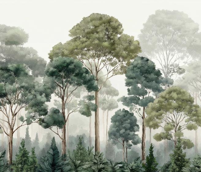 Papier peint forêt brumeuse et feuillage