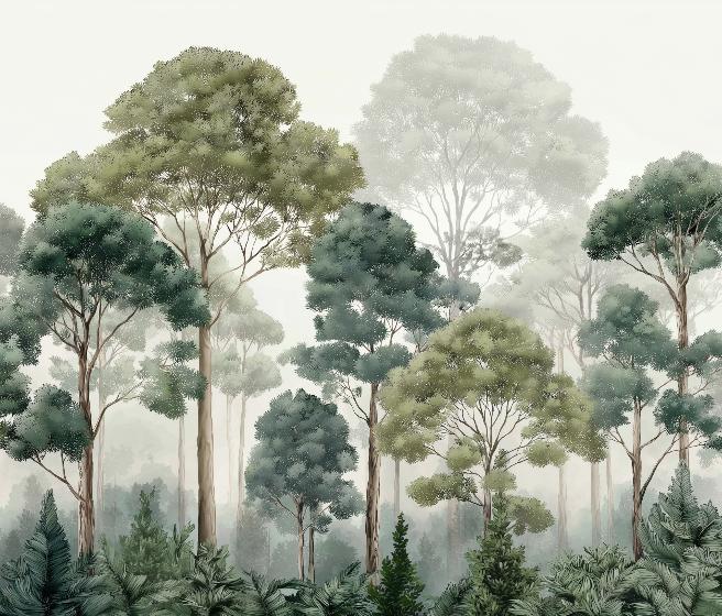 Papier peint forêt brumeuse et feuillage