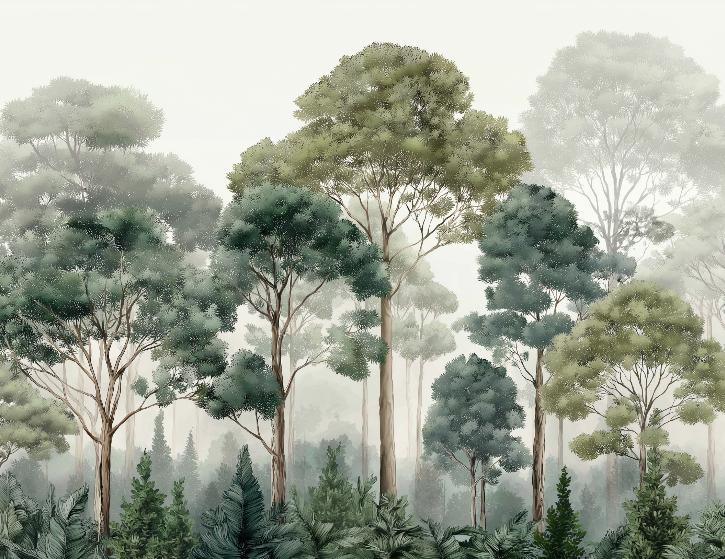 Papier peint forêt brumeuse et feuillage