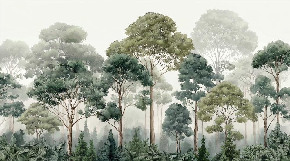 Papier peint forêt brumeuse et feuillage