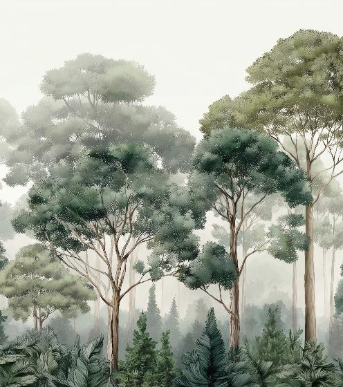 Papier peint forêt brumeuse et feuillage