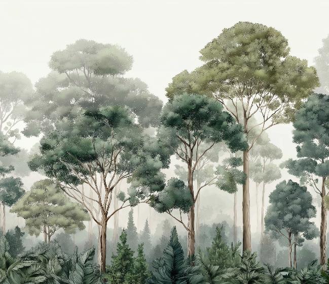Papier peint forêt brumeuse et feuillage