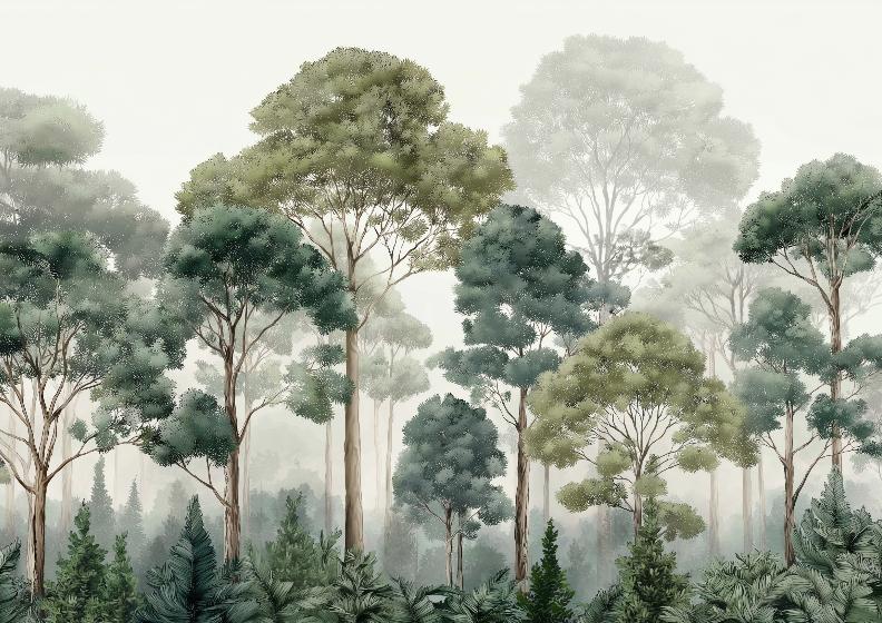 Papier peint forêt brumeuse et feuillage