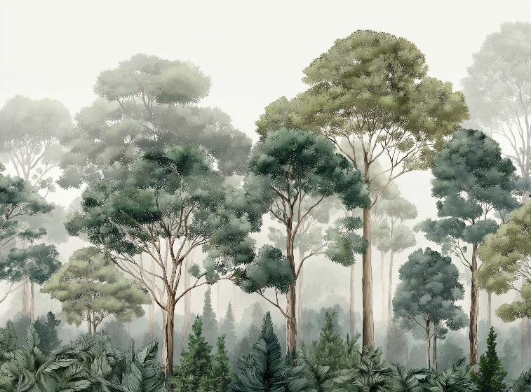 Papier peint forêt brumeuse et feuillage