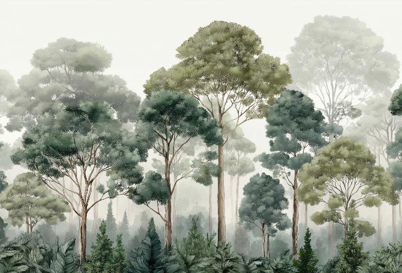Papier peint forêt brumeuse et feuillage