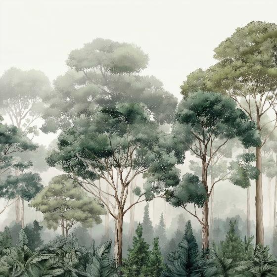 Papier peint forêt brumeuse et feuillage