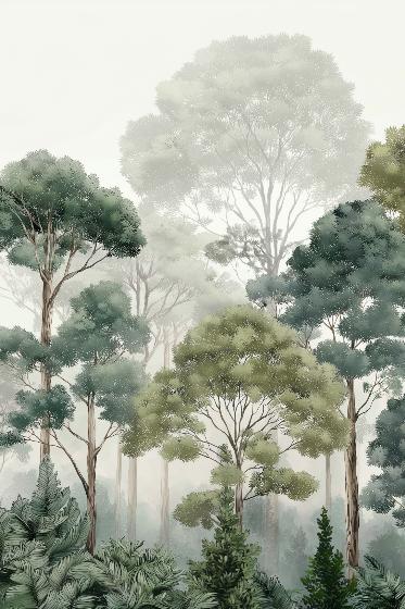 Papier peint forêt brumeuse et feuillage