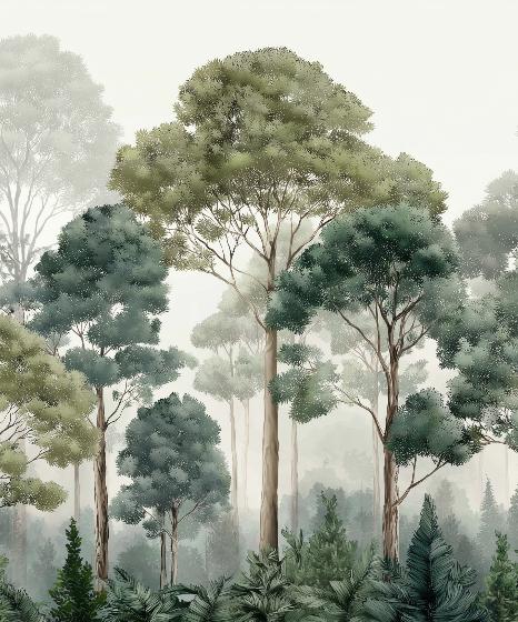 Papier peint forêt brumeuse et feuillage