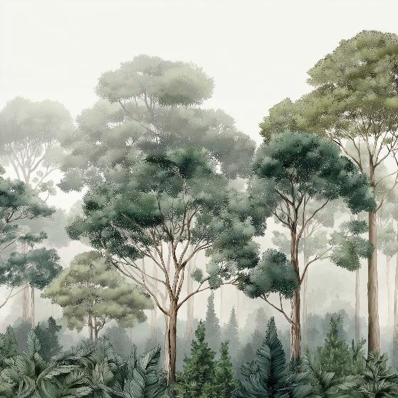 Papier peint forêt brumeuse et feuillage