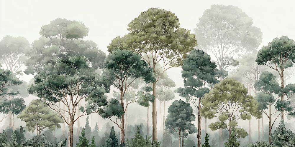 Papier peint forêt brumeuse et feuillage
