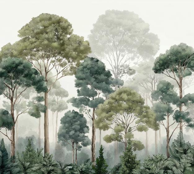 Papier peint forêt brumeuse et feuillage