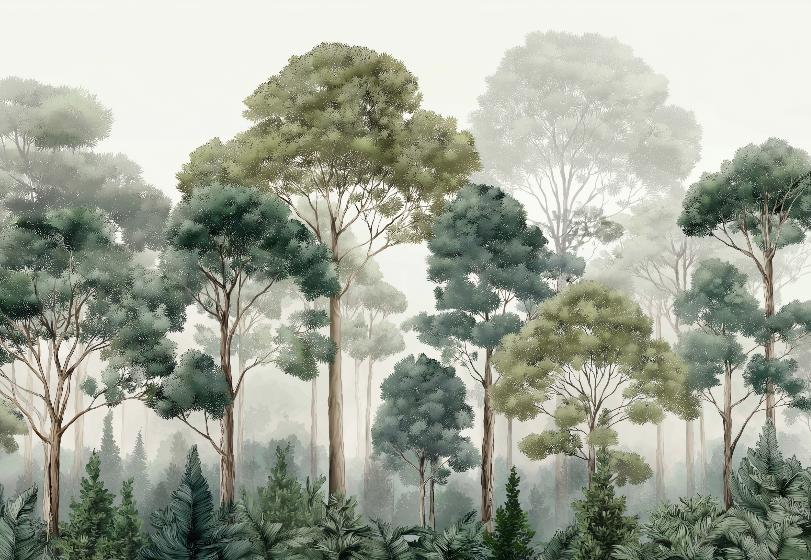 Papier peint forêt brumeuse et feuillage