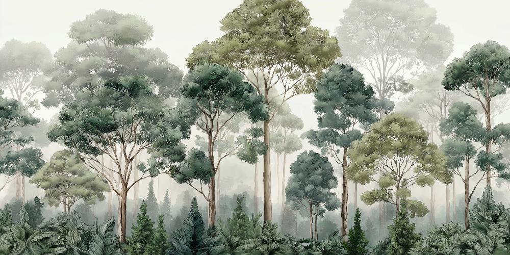 Papier peint forêt brumeuse et feuillage