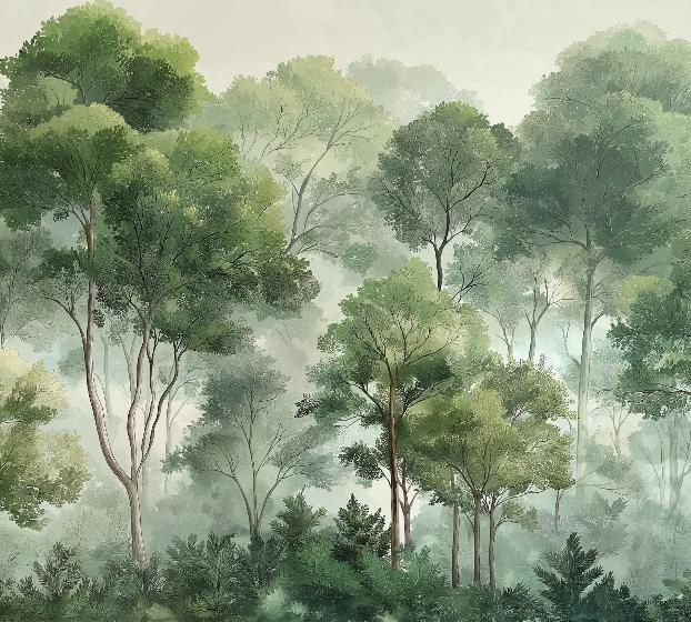 Papier peint forêt verdoyante arbres majestueux