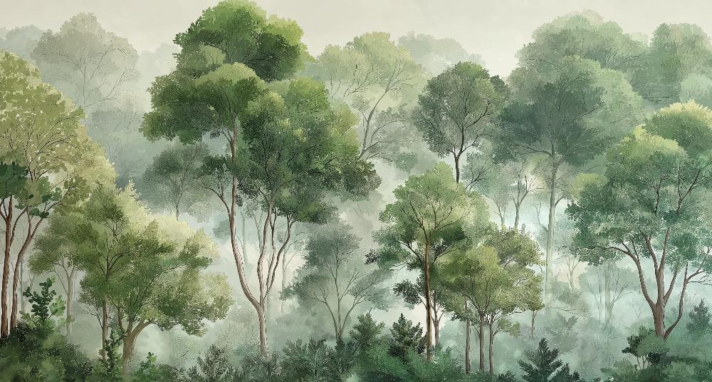Papier peint forêt verdoyante arbres majestueux
