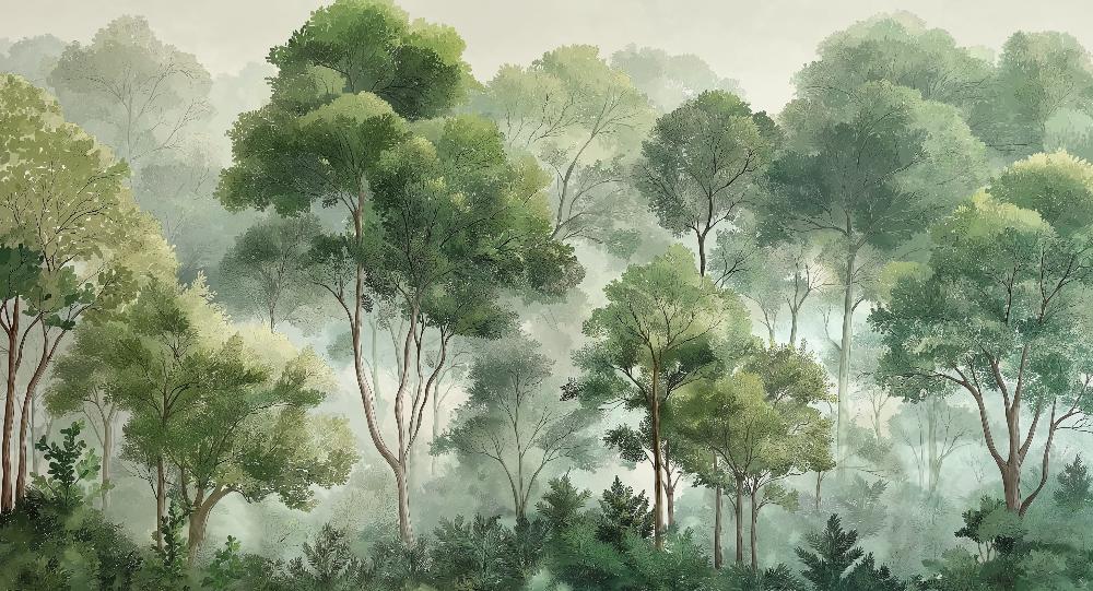 Papier peint forêt verdoyante arbres majestueux