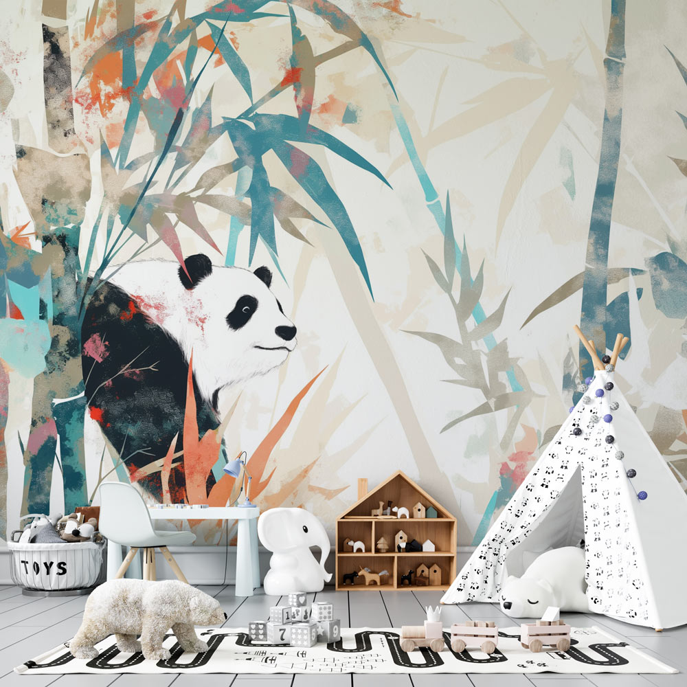 Papier peint panda forêt de bambous pastel