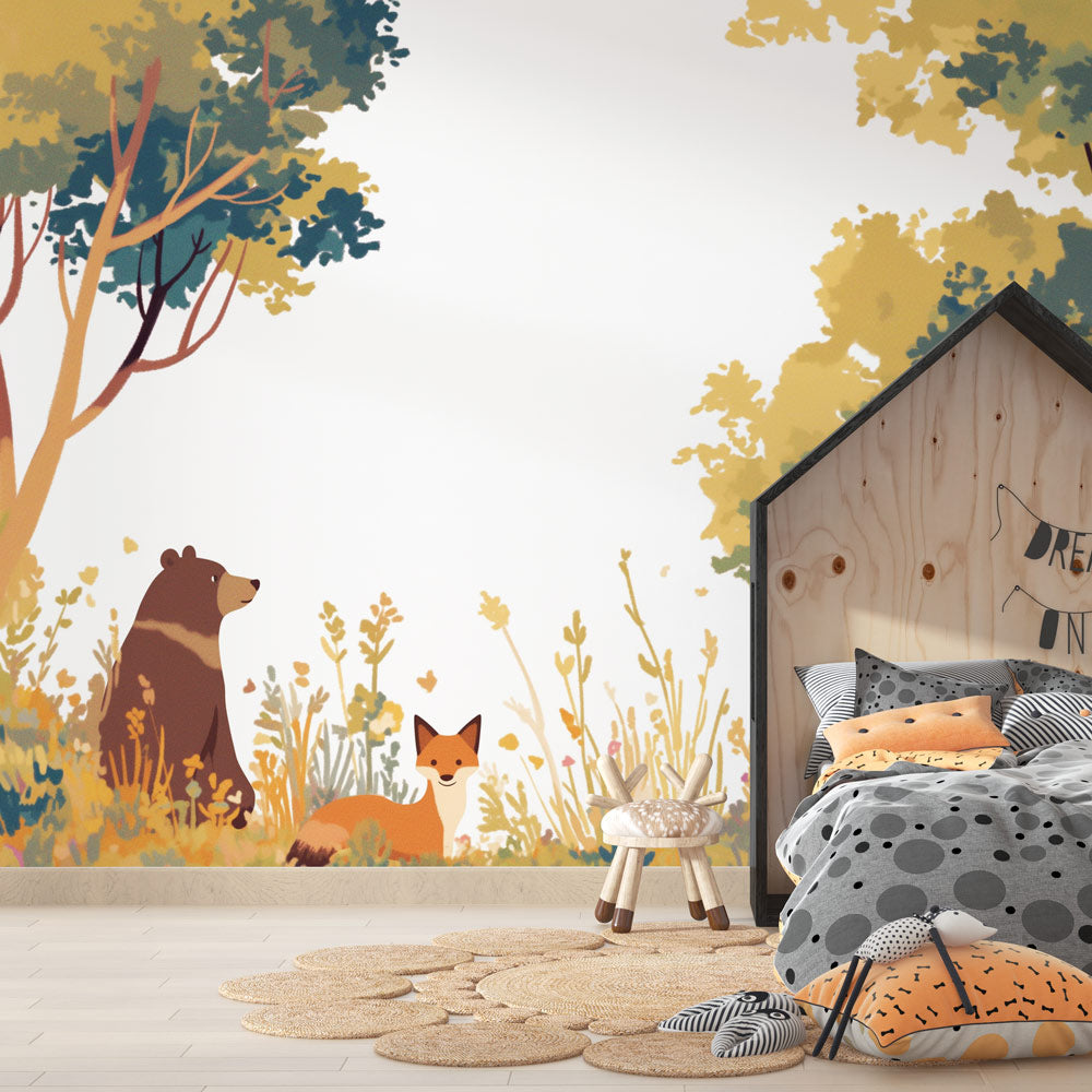 Papier peint forêt ours et renard enfant