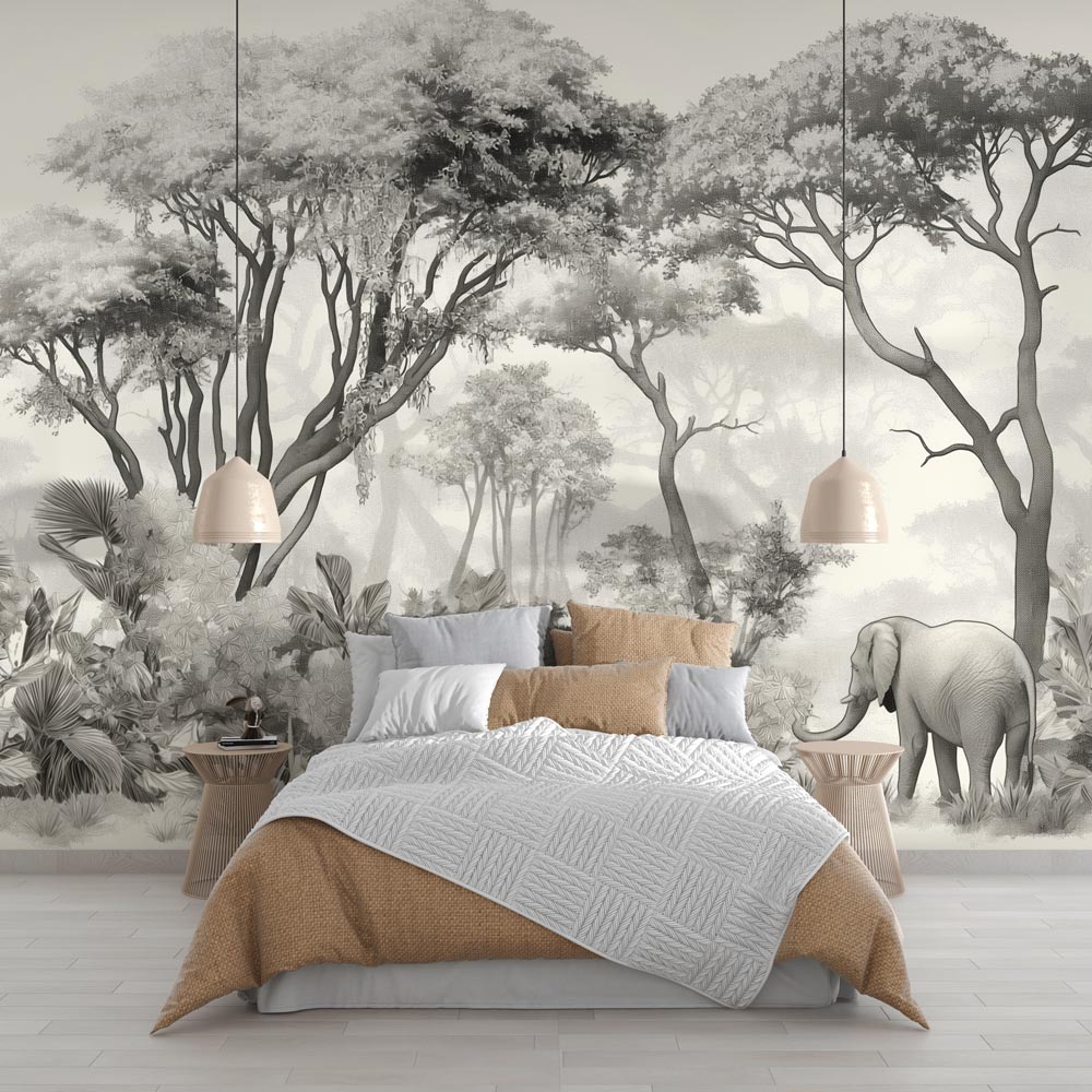 Papier peint éléphant forêt noir et blanc