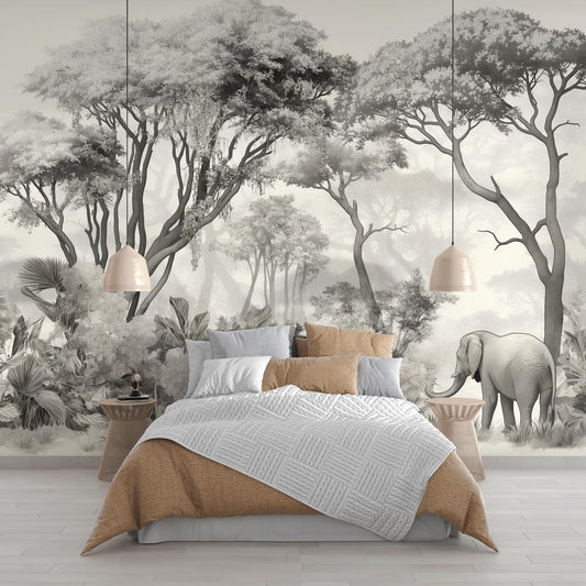 Papier peint éléphant forêt noir et blanc