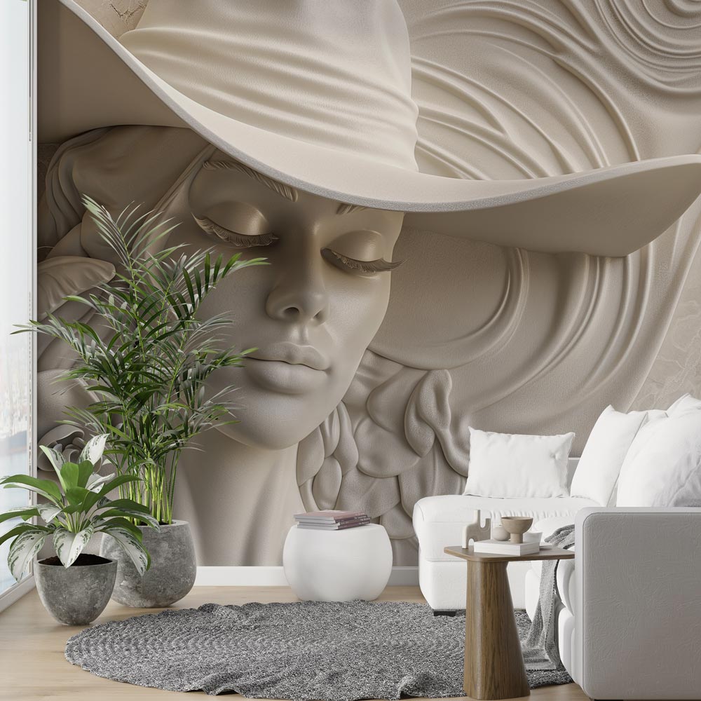 Papier peint trompe-l'œil sculpture femme au chapeau