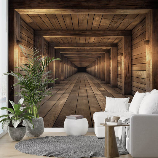 Papier peint trompe-l'œil tunnel en bois