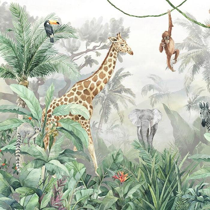Papier peint jungle enfant girafe singe éléphant
