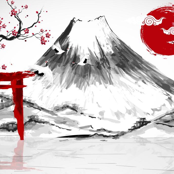 Papier peint japonais cerisier et mont Fuji rouge