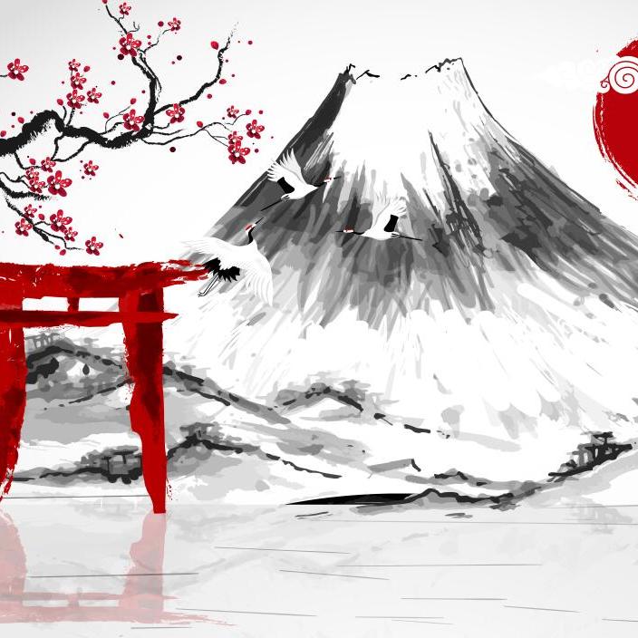 Papier peint japonais cerisier et mont Fuji rouge