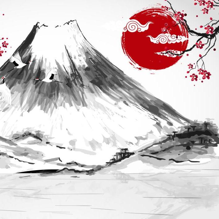 Papier peint japonais cerisier et mont Fuji rouge