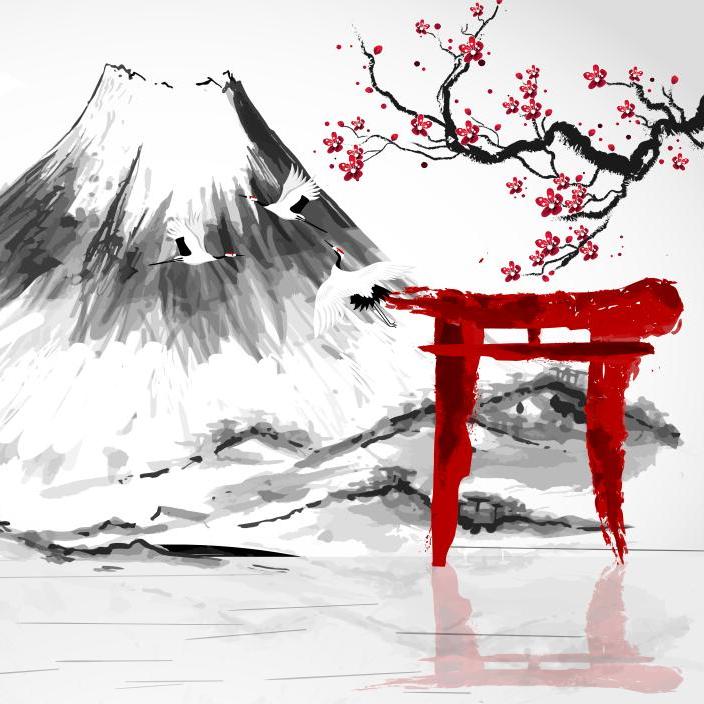 Papier peint japonais cerisier et mont Fuji rouge