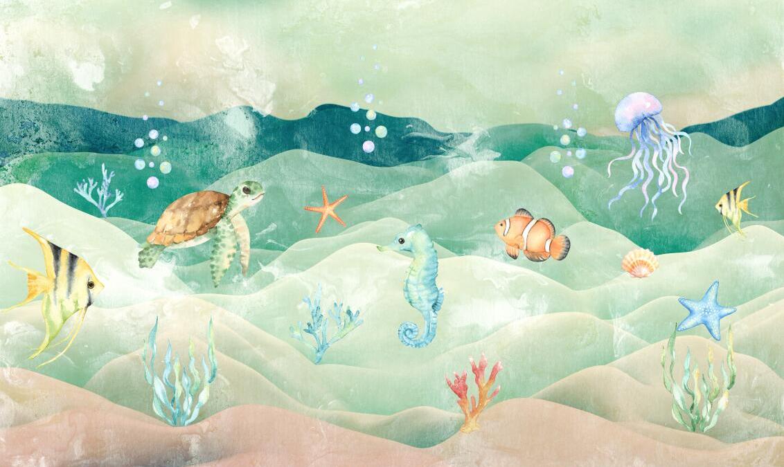 Papier peint chambre bébé poissons et fond marin