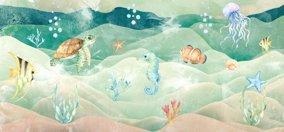 Papier peint chambre bébé poissons et fond marin