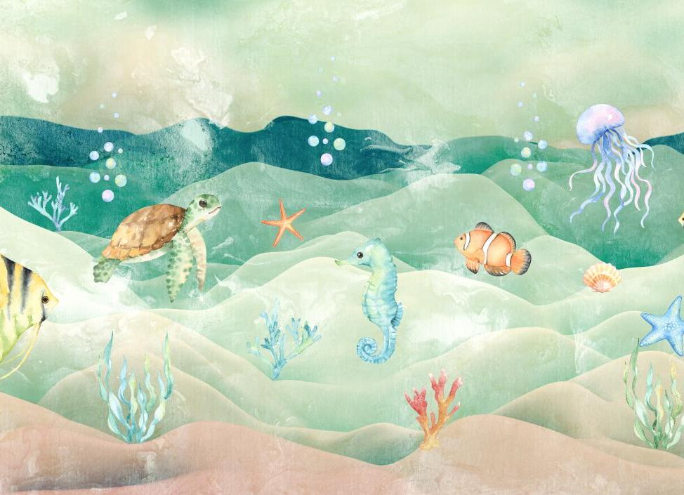 Papier peint chambre bébé poissons et fond marin