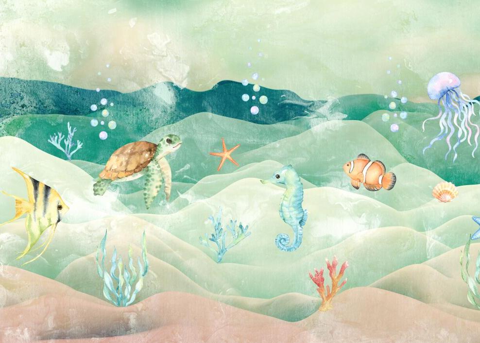 Papier peint chambre bébé poissons et fond marin
